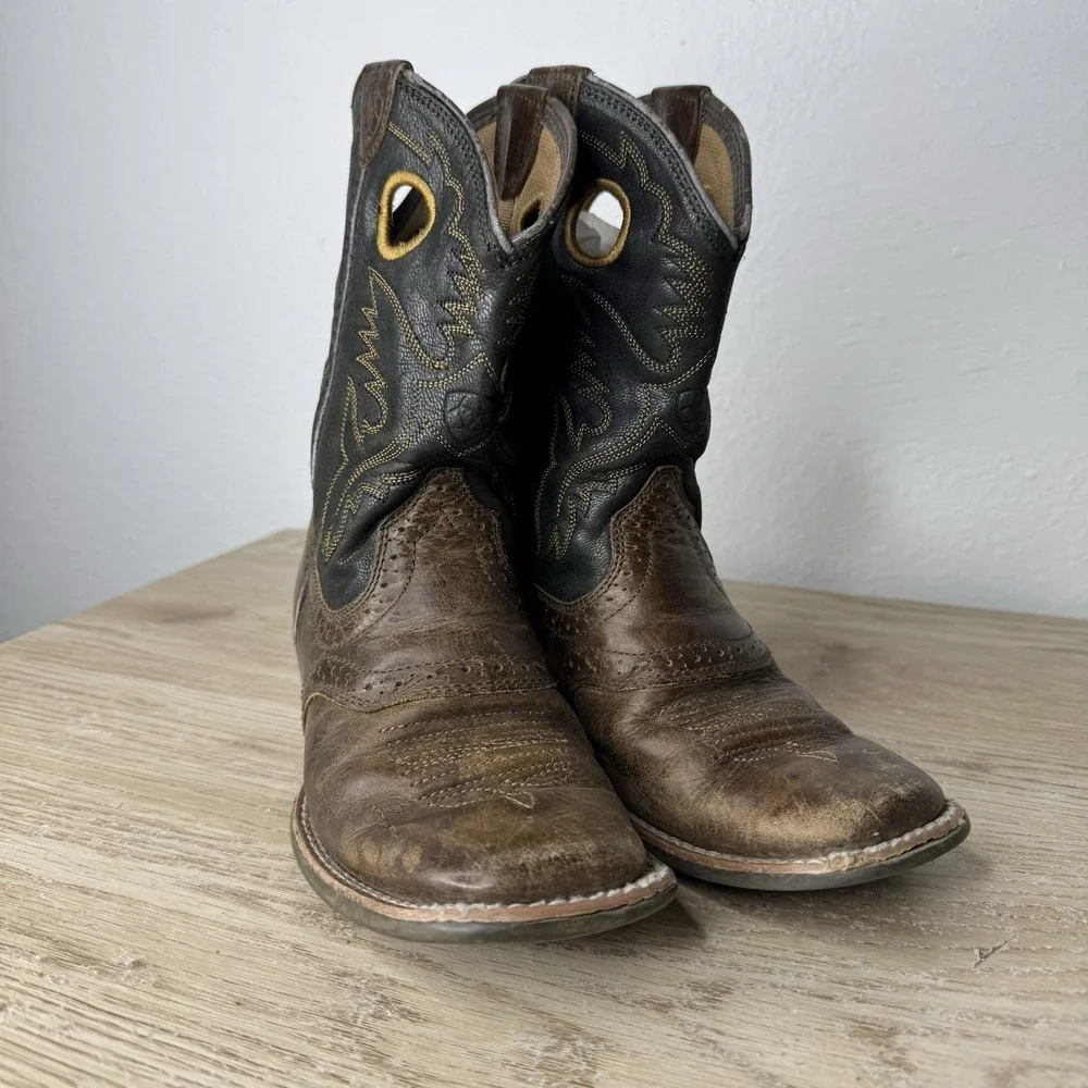 Ariat Heritage Roughstock Brown & Black Leather Western Cowboy Boots Kids Size 1